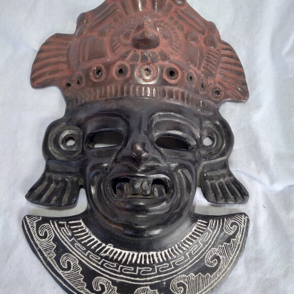 Vintage MCM Mexican Black Clay Barro Negro Folk Art Aztec Mayan MaskWall Decor